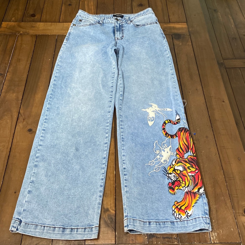 Ed Hardy Wide Leg Tiger Graphic Light Wash Denim Jeans 28 Y2K WEHD8300-5